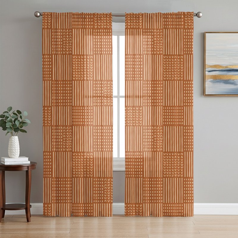 Sheer Plaid Curtains 72 Inch Length Set - Modern Geometric Window Drapes