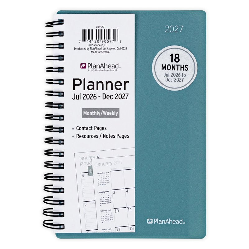 Small Monthly Weekly Planner - 18 Months Jul 2026-Dec 2027, Teal
