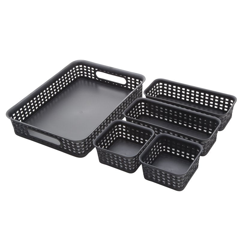 Plastic Weave Storage Bins Set of 5 for Office Organization - Black