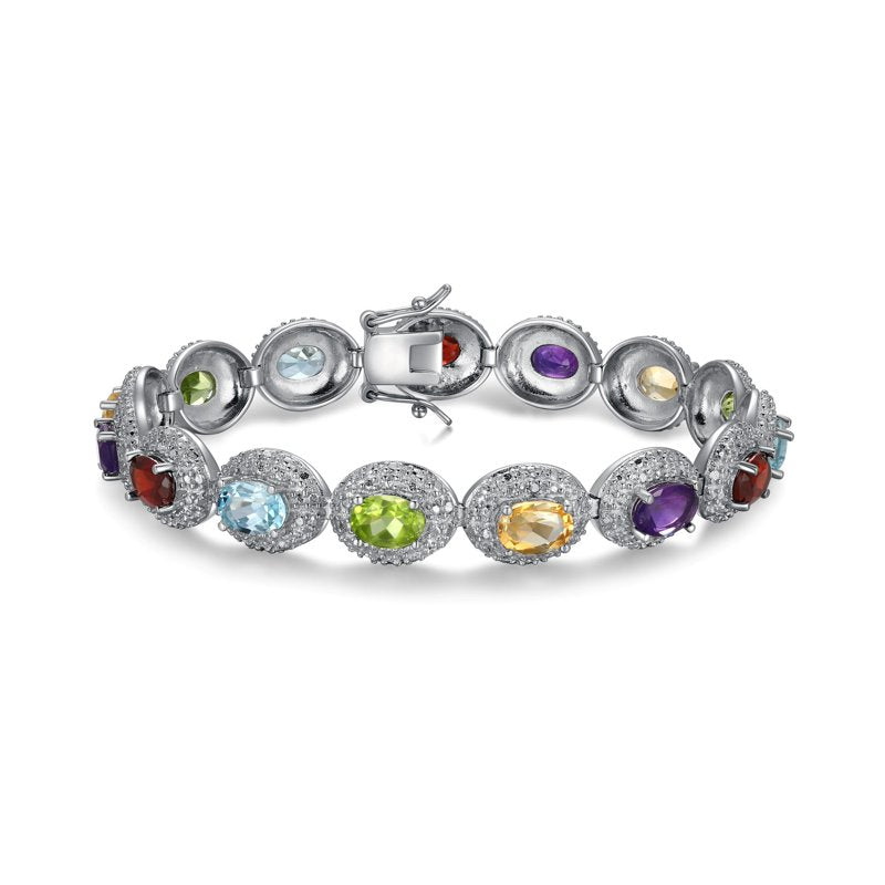 Sterling Silver Multi-Gemstone Tennis Bracelet with Diamond Accents 7.25"