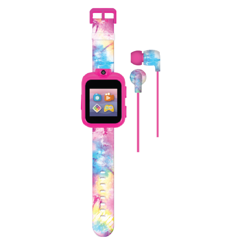 Kids Smartwatch & Earbuds Set with Camera, Games & Music – Pink, Blue, Yellow Tie Dye