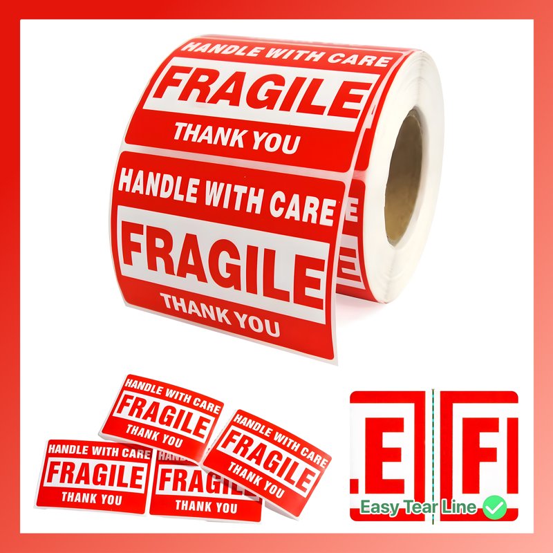 Fragile Handle with Care Shipping Labels - Red 2x3 Inch, 500 Stickers