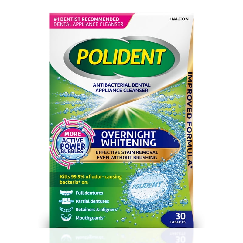 Polident Overnight Whitening Antibacterial Dental Appliance Cleanser Tablets, 30 Count - Mouthguard & Denture Cleaning