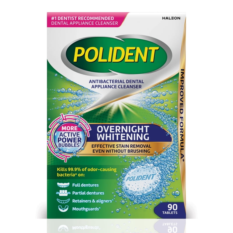 Dental Appliance Cleaning Tablets - Polident Overnight Whitening, Antibacterial, 90 Count
