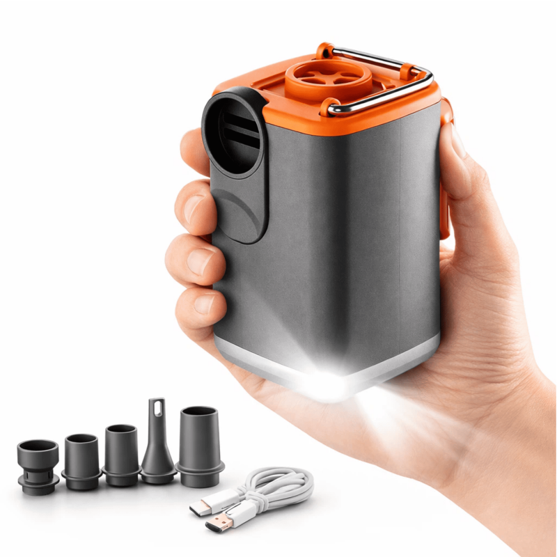 Portable Air Pump for Inflatables with Nozzles, Rechargeable Camping Light