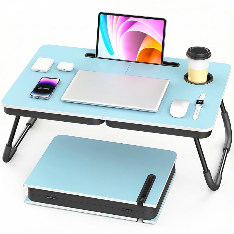 Portable Foldable Lap Desk for Bed and Couch - Blue, with Cup & Phone Holders