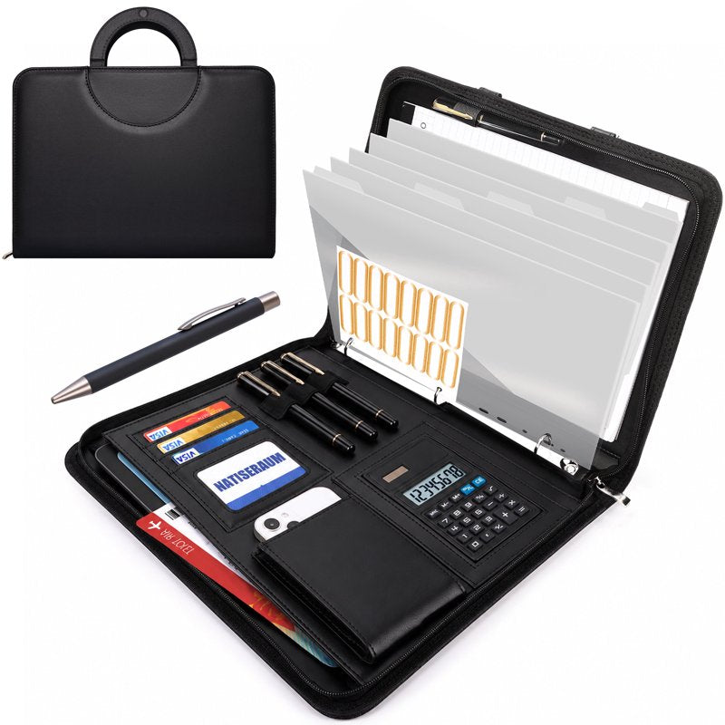 Black Leather Portfolio Binder with Zipper, 5 Dividers & Notepad - A4 3-Ring Organizer for Office & School