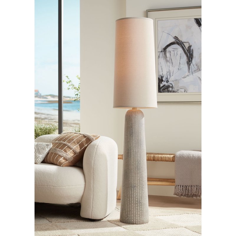 Leisa Mid Century Modern Floor Lamp with Hammered Pattern and Linen Shade - Natural Finish
