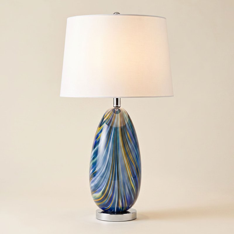 Modern Blue Art Glass Table Lamp with White Tapered Drum Shade - 27 Inch