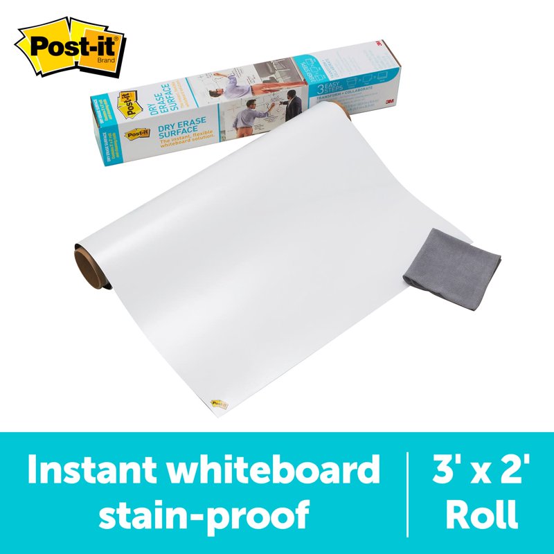 Self-Stick Dry Erase Film Surface - White 3x2 Ft, Reusable Whiteboard