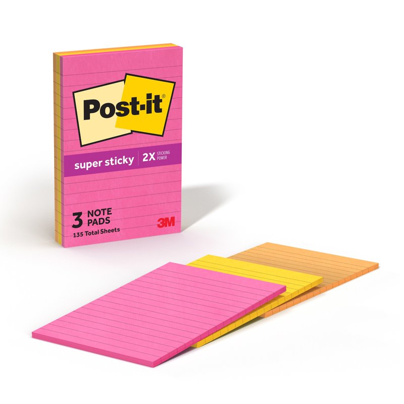 Post-it Super Sticky Notes, Lined, 4 x 6 Inches, Bright Assorted Colors, 3 Pads