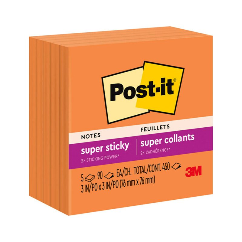 Post-it Super Sticky Notes - 3x3 Inch, 5 Pads, 90 Sheets Each, Bright Color