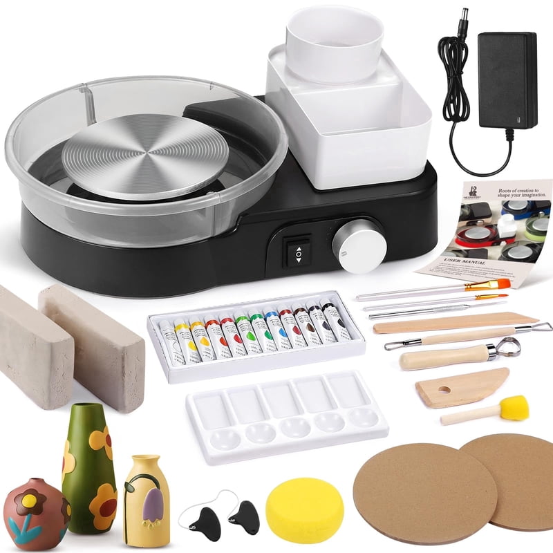 Mini Pottery Wheel Kit for Beginners with 2.2lb Air-Dry Clay, Tools & Storage
