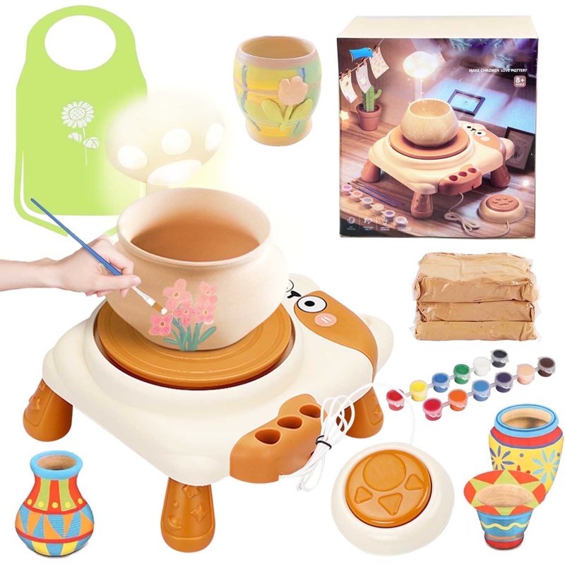 Kids Pottery Wheel Set with Air Dry Clay & Paint Craft Kit for Ages 8-12