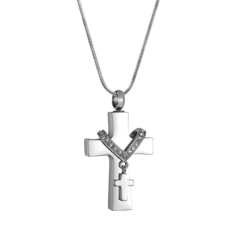 Silver Cross Cremation Necklace with Rhinestone Accents - Memorial Jewelry for Ashes