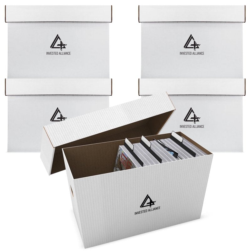 Invested Alliance 5 Pack Short Comic Book Storage Boxes with Lids - White Cardboard Box 150-175 Comics