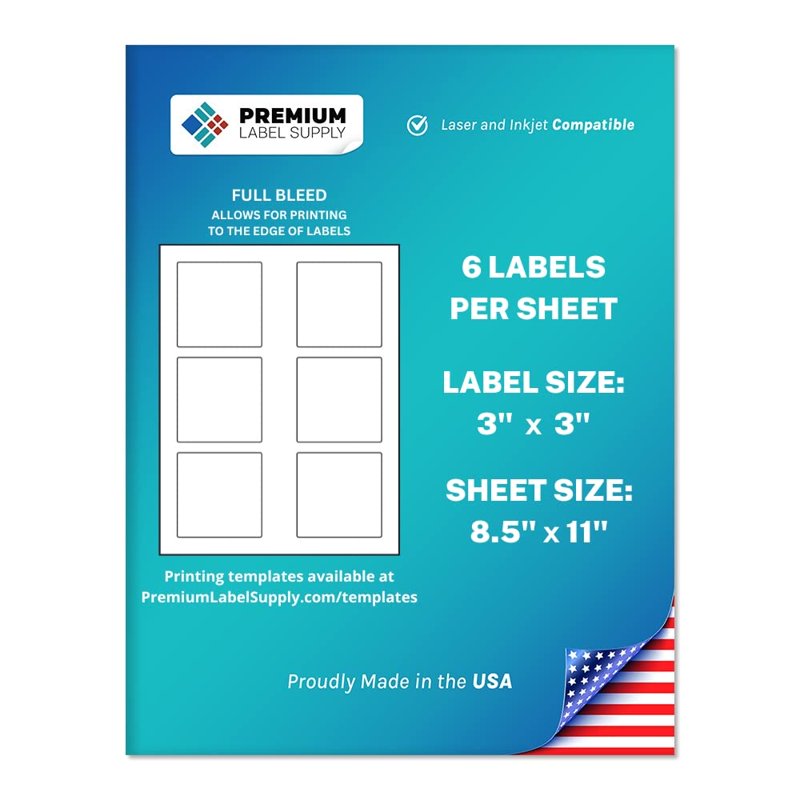 Premium White Square Label Stickers for Laser and Inkjet Printing - 3x3 Inches, Multi-Size Options