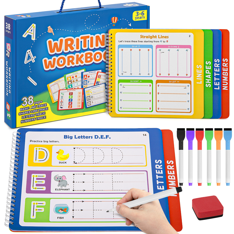 Reusable Tracing Workbook Set for Preschool Kids Ages 3-6 - Handwriting & Number Practice