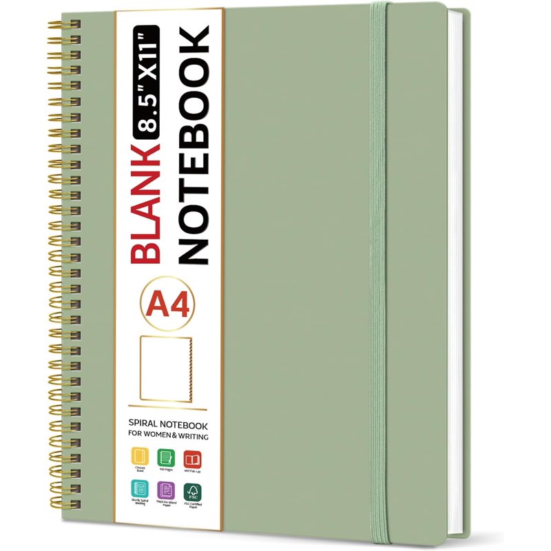 Large A4 Spiral Blank Notebook for Sketching & Journaling - 8.5x11 Inches, Green