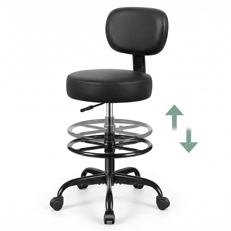 Adjustable Drafting Office Chair with Backrest - PU Leather, Thick Cushion, 300lb Capacity