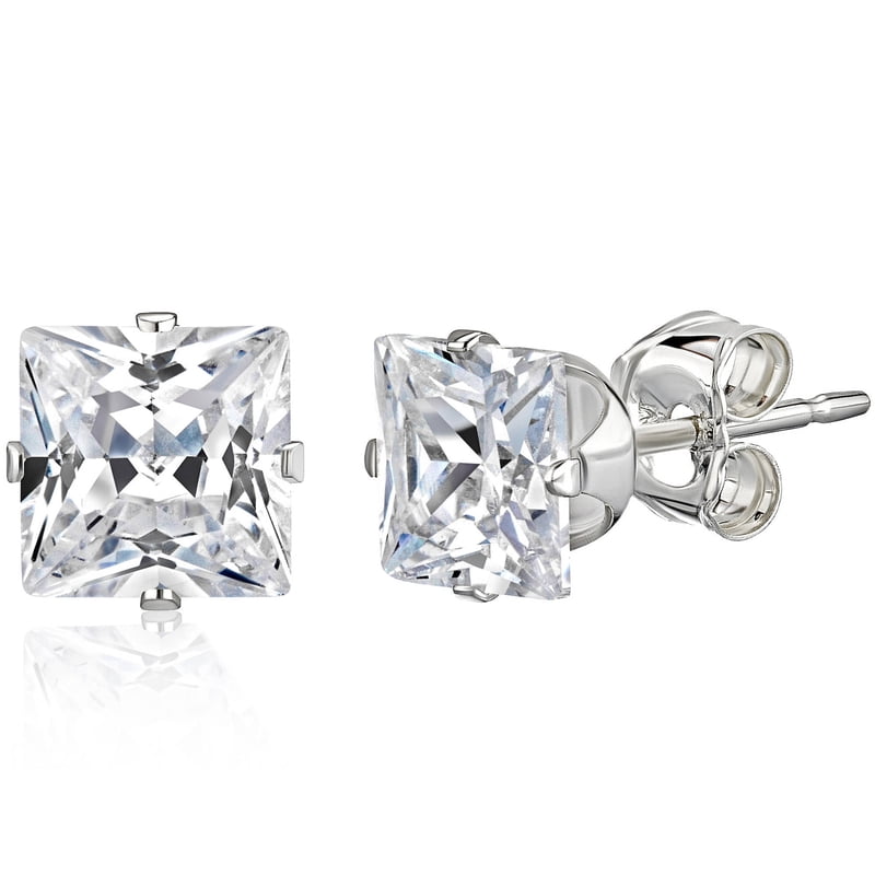 Sterling Silver Princess-Cut CZ Stud Earrings - Multiple Sizes & Styles