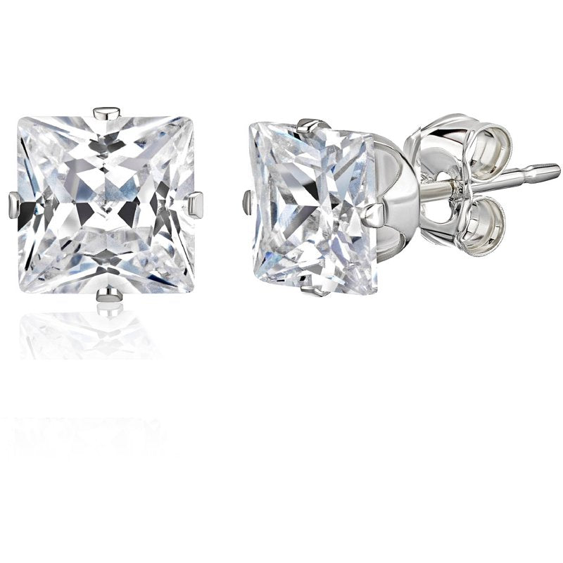 Sterling Silver Princess-Cut CZ Stud Earrings - Multiple Sizes & Styles