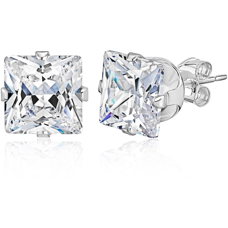 Sterling Silver Princess-Cut CZ Stud Earrings - Multiple Sizes & Styles