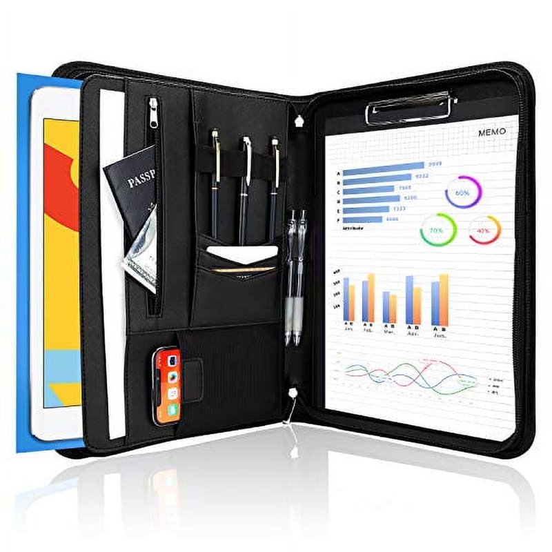 Leather Portfolio Binder with Zipper Notepad and Tablet Sleeve - Business Organizer