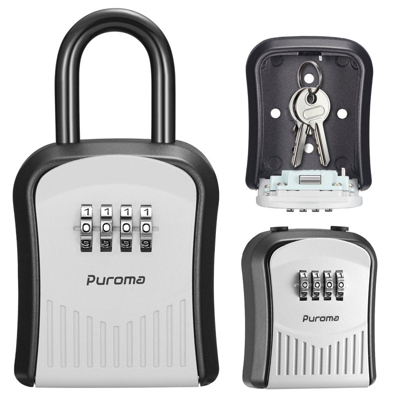 Puroma Combination Lock Box for Keys – Outdoor Wall Mount Safe, 4-Digit Code, Rust-Resistant Gray