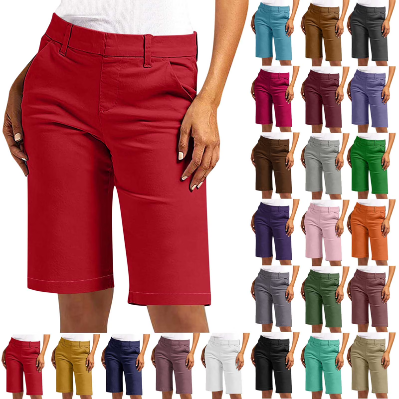 Women’s Bermuda Shorts High Waist Chino Casual Summer Knee Length Slim Fit