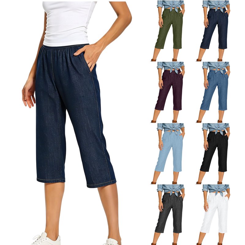 Women's High Waisted Elastic Cargo Capris with Pockets - Casual Athletic Pants