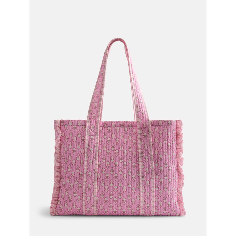 Women's Quilted Tote Bag with Allover Print & Gingham Accents