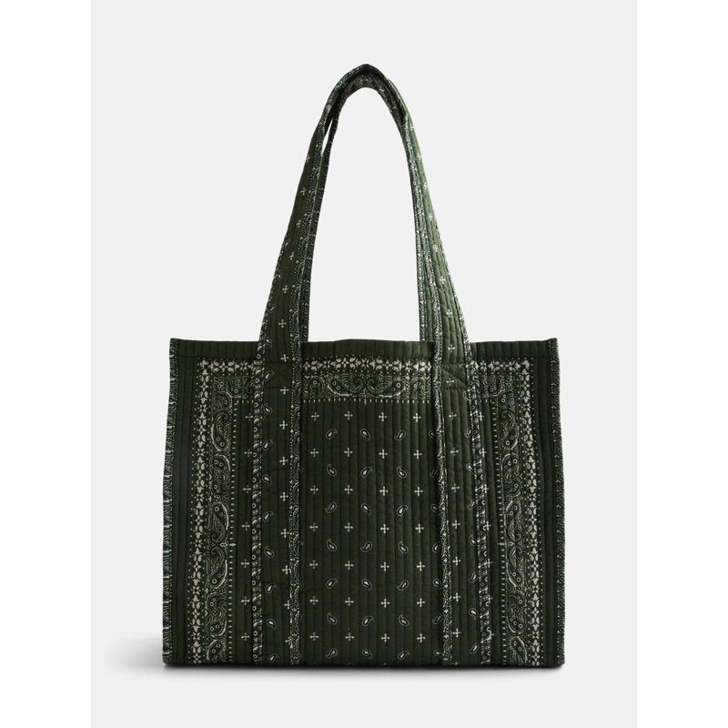 Quilted Tote Bag for Women with Allover Print and Gingham Accents