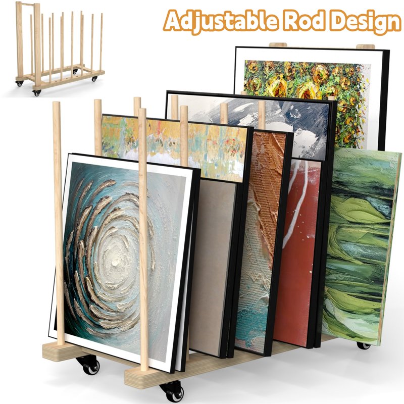 Wooden Art Storage Rack with Casters for Canvas & Artwork - 31.5 x 14.2 in