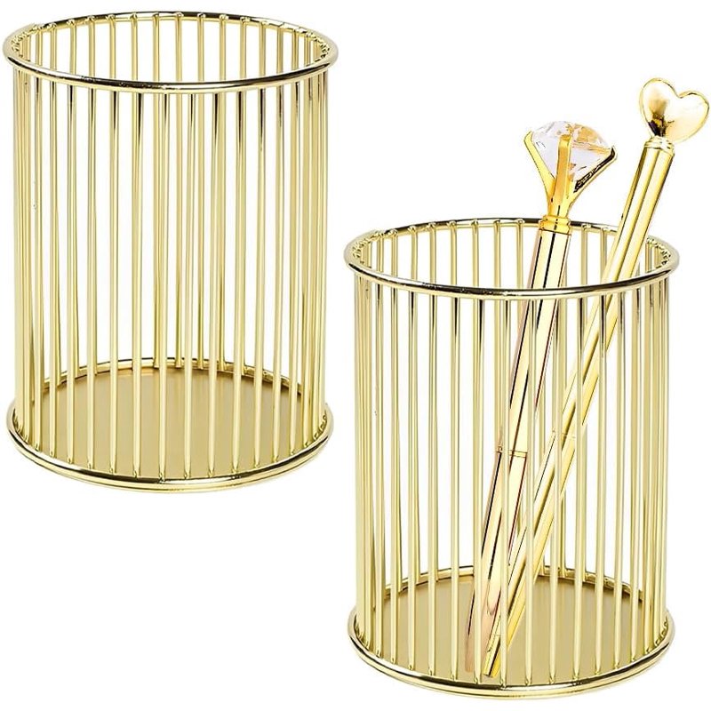 Gold Metal Pen Holder Set - Desk Organizer for Office & Makeup