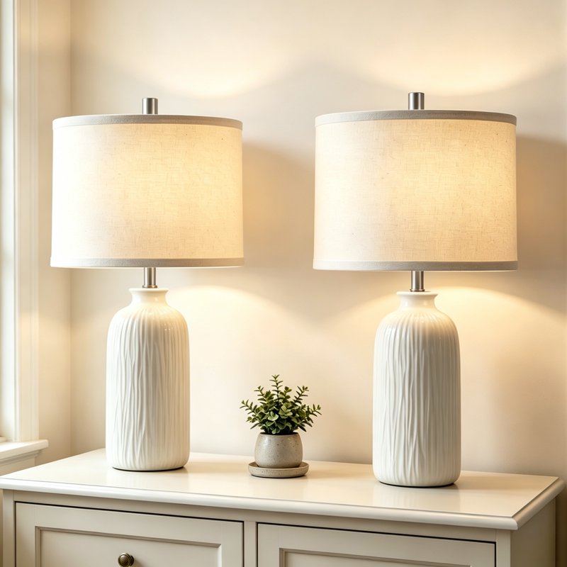 Set of 2 Modern White Ceramic Table Lamps for Bedroom Living Room Office