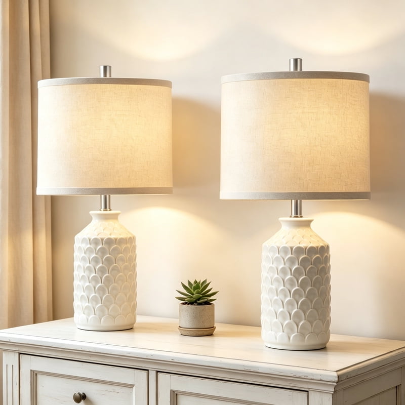 Set of 2 Modern White Ceramic Table Lamps for Bedroom Living Room Office