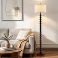 Modern 65-Inch Solid Wood Floor Lamp with Linen Shade & Pull Switch - Black, White, Walnut Variants