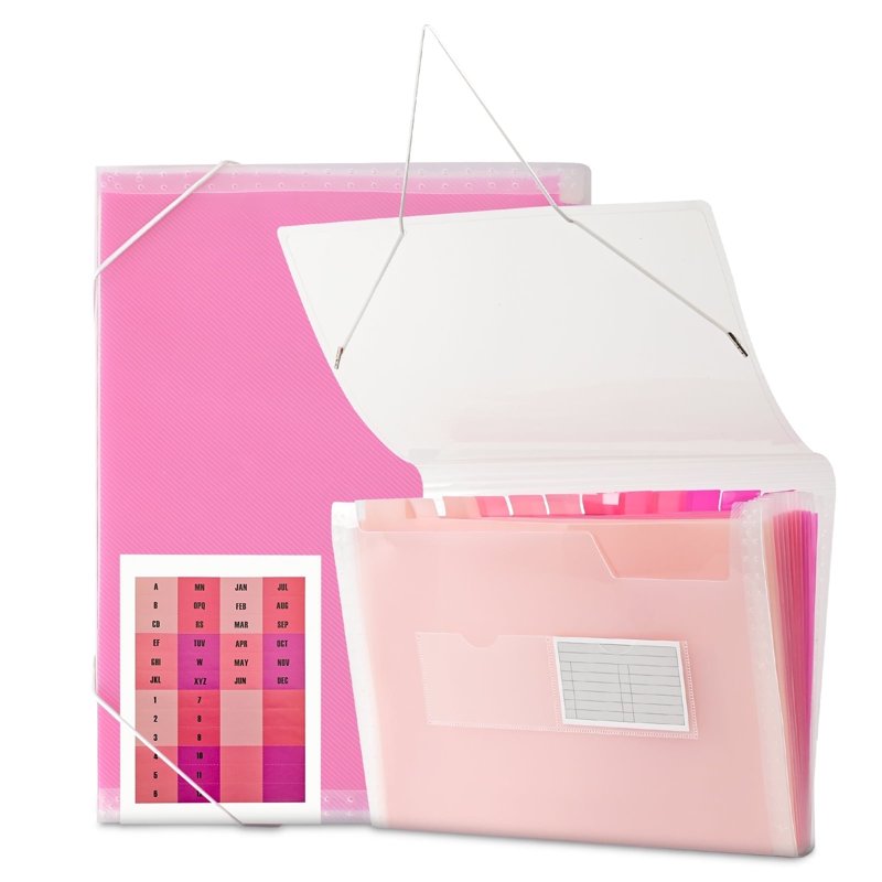 Pink 13-Pocket Accordion File Folder with Secure Closure & Custom Labels