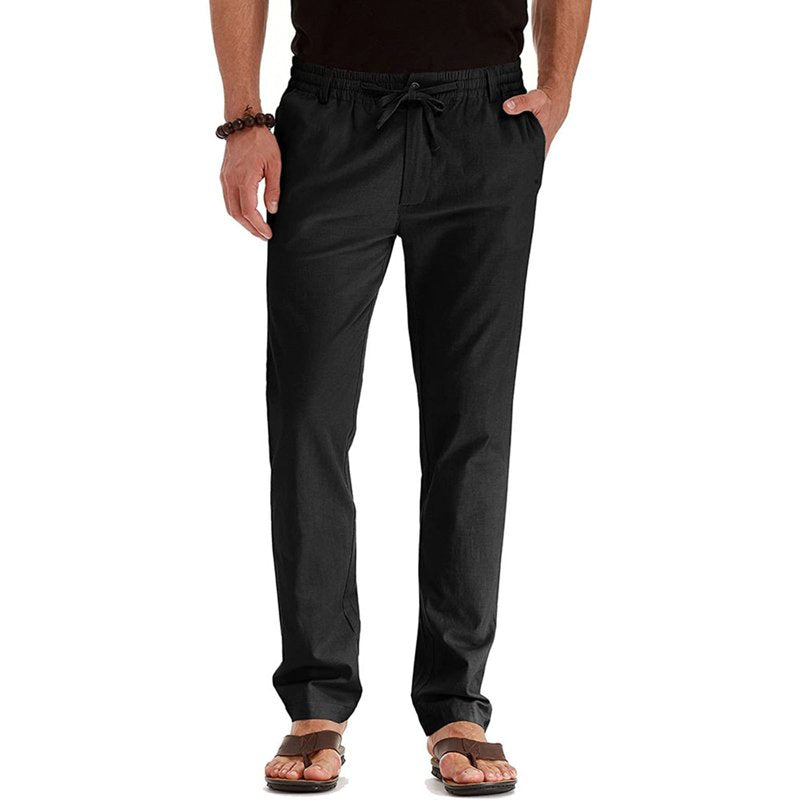 Men's Elastic Waist Cotton Pants for Seniors - Loose Straight Leg Trousers with Pockets