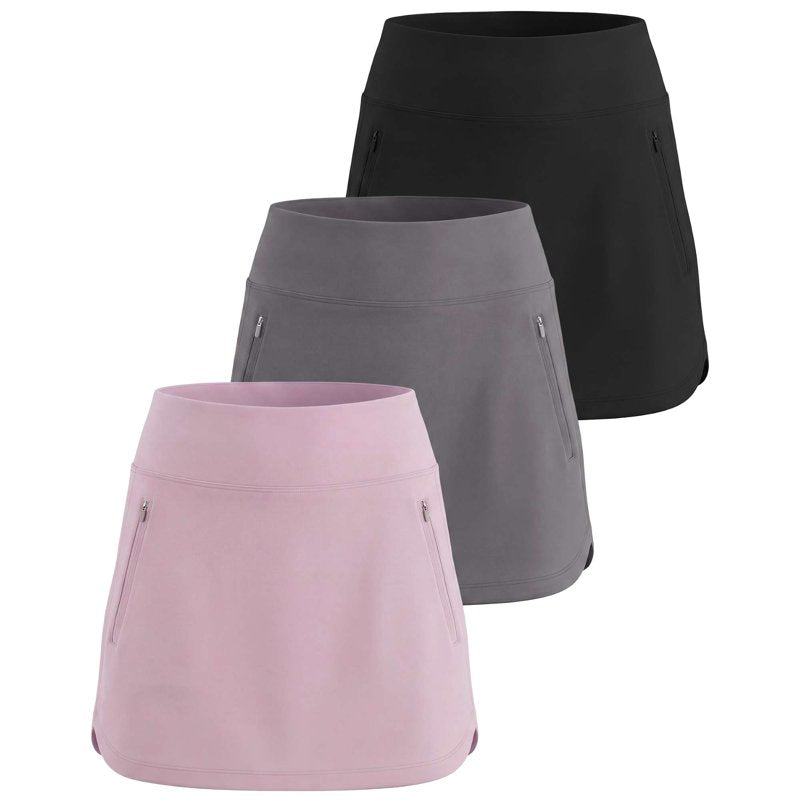 Women's 16-Inch Curved Hem Golf Skort 3-Pack with Zip Pockets - Athletic Tennis & Workout Skirts