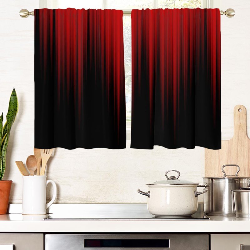 Red and Black Ombre Short Kitchen Curtains - Gothic Anime Tier Drapes, 2 Panels, 27.5 x 39 Inches, Small Window Decor