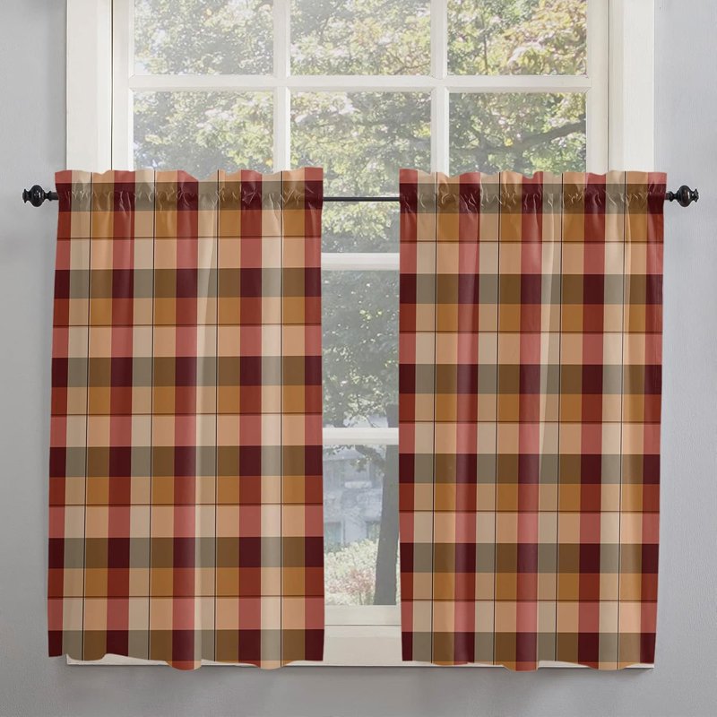 Red Plaid Short Window Curtains - Farmhouse Rustic Checkered Drapes, 2 Panels