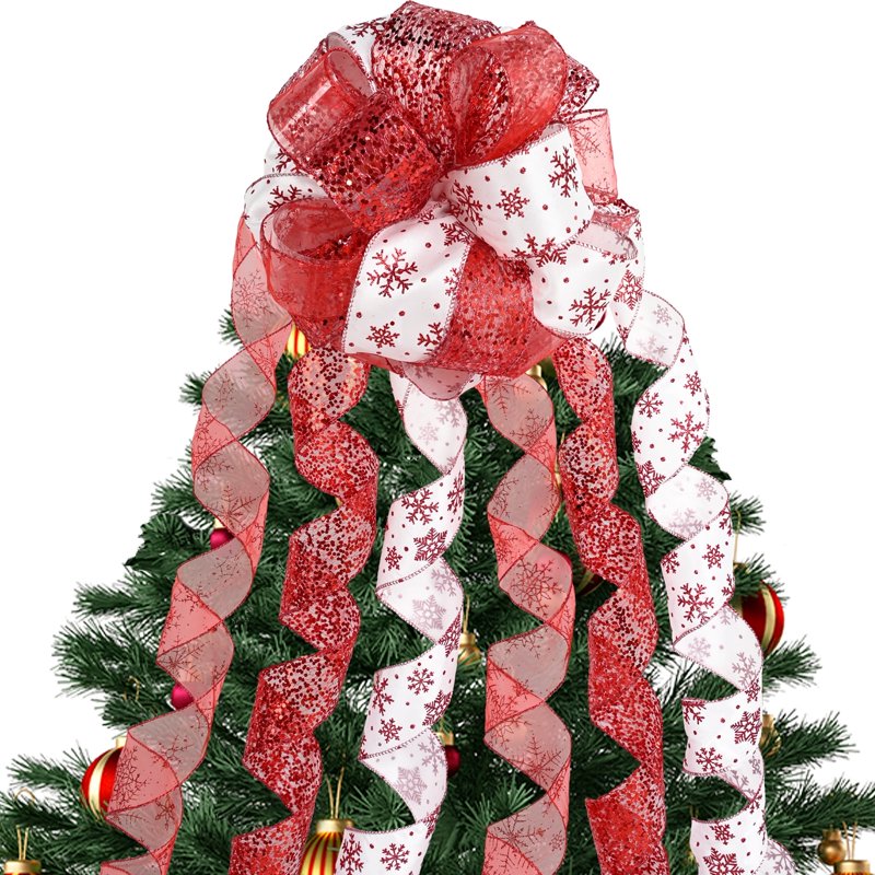 Christmas Tree Topper Bow with Glitter & Streamer Tails - Holiday Decor
