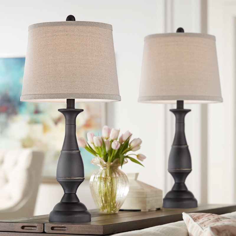 Rustic Farmhouse Table Lamps Set of 2 - 25 Inch Dark Bronze Metal with Linen Drum Shades for Bedroom & Living Room