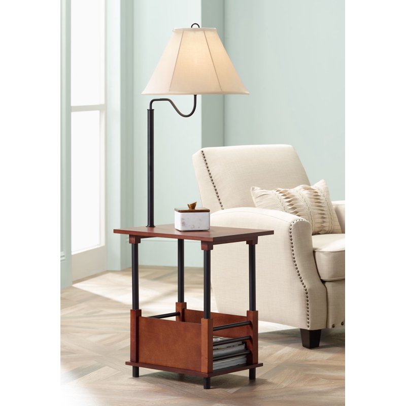 Rustic Farmhouse Floor Lamp with End Table and Swing Arm - 55" Tall Open Crate Design