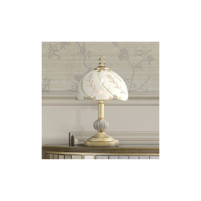 Traditional Accent Table Lamp with Floral Etched Glass Shade - Touch Control, Brass Finish, 15"