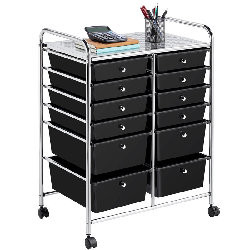 12-Drawer Mobile Storage Cart with Lockable Wheels, Steel Home Office Organizer
