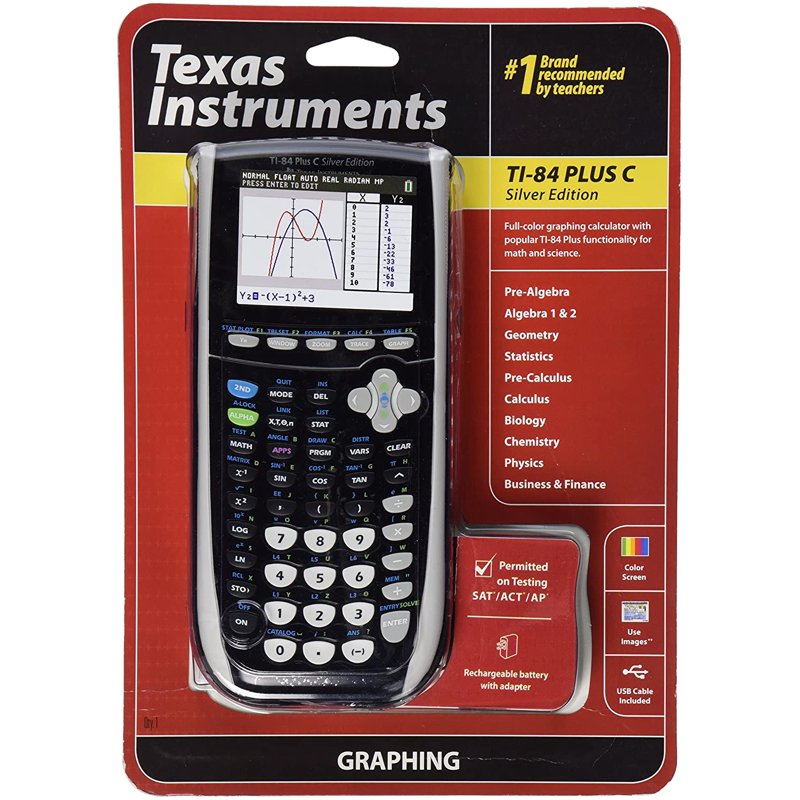 Refurbished Texas Instruments TI-84 Plus C Silver Graphing Calculator - Color Display, Rechargeable Battery