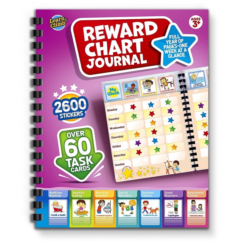 Kids Reward Chart & Journal Set with Stickers & Task Cards - Weekly Routine Tracking